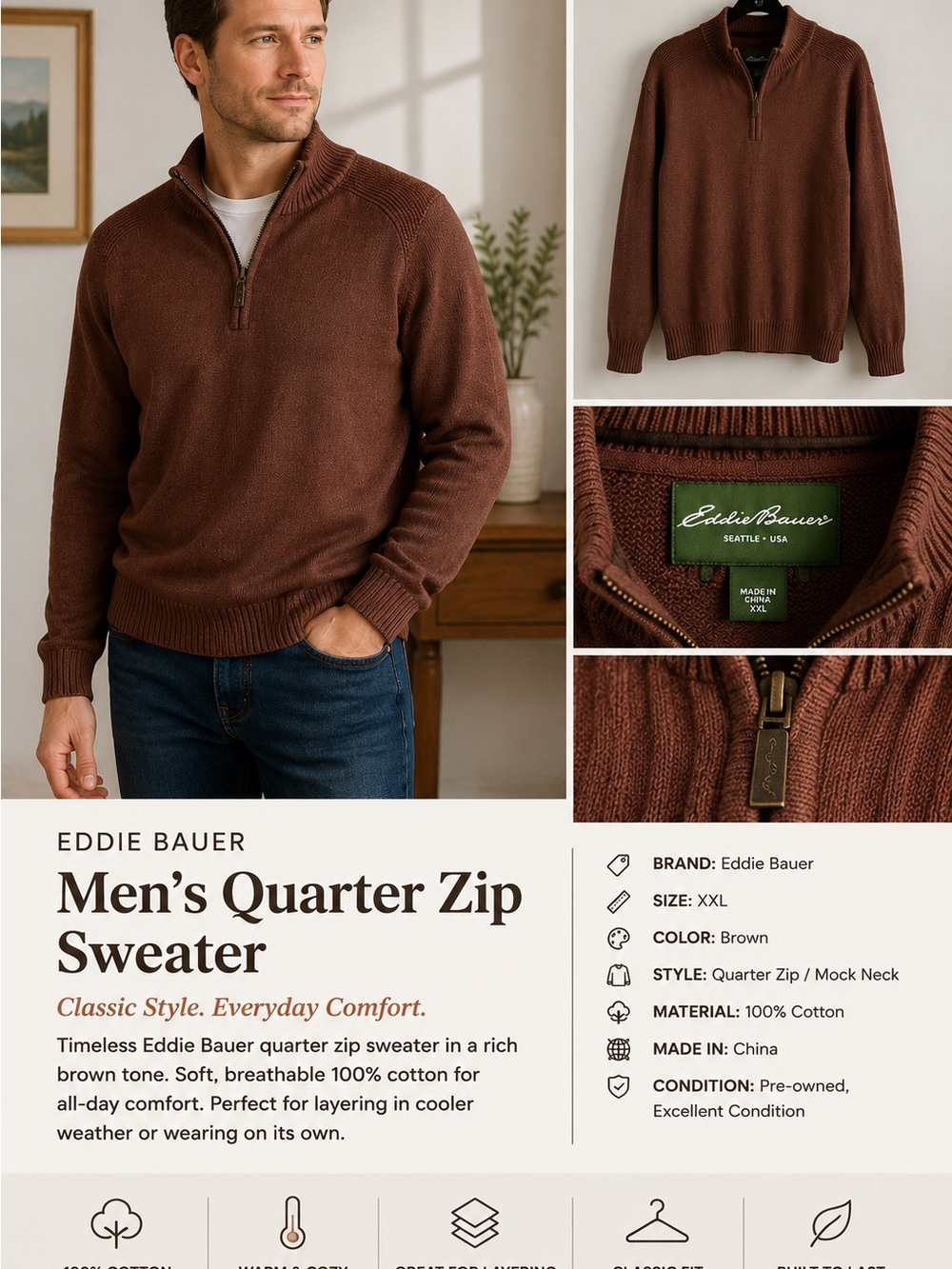 Eddie Bauer Men's Chocolate Brown Quarter Zip Sweater